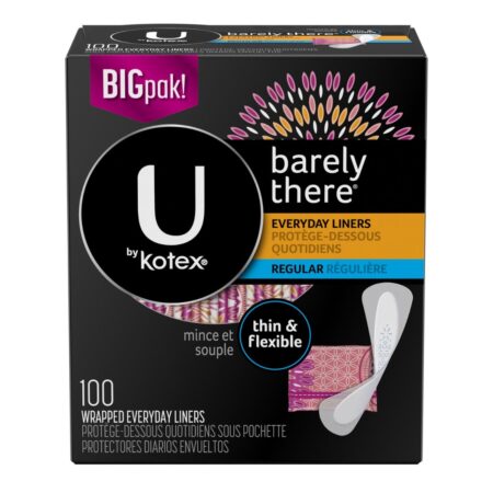 U by Kotex Barely There Liners, Light Absorbency, Regular, Fragrance-Free, 100 Count